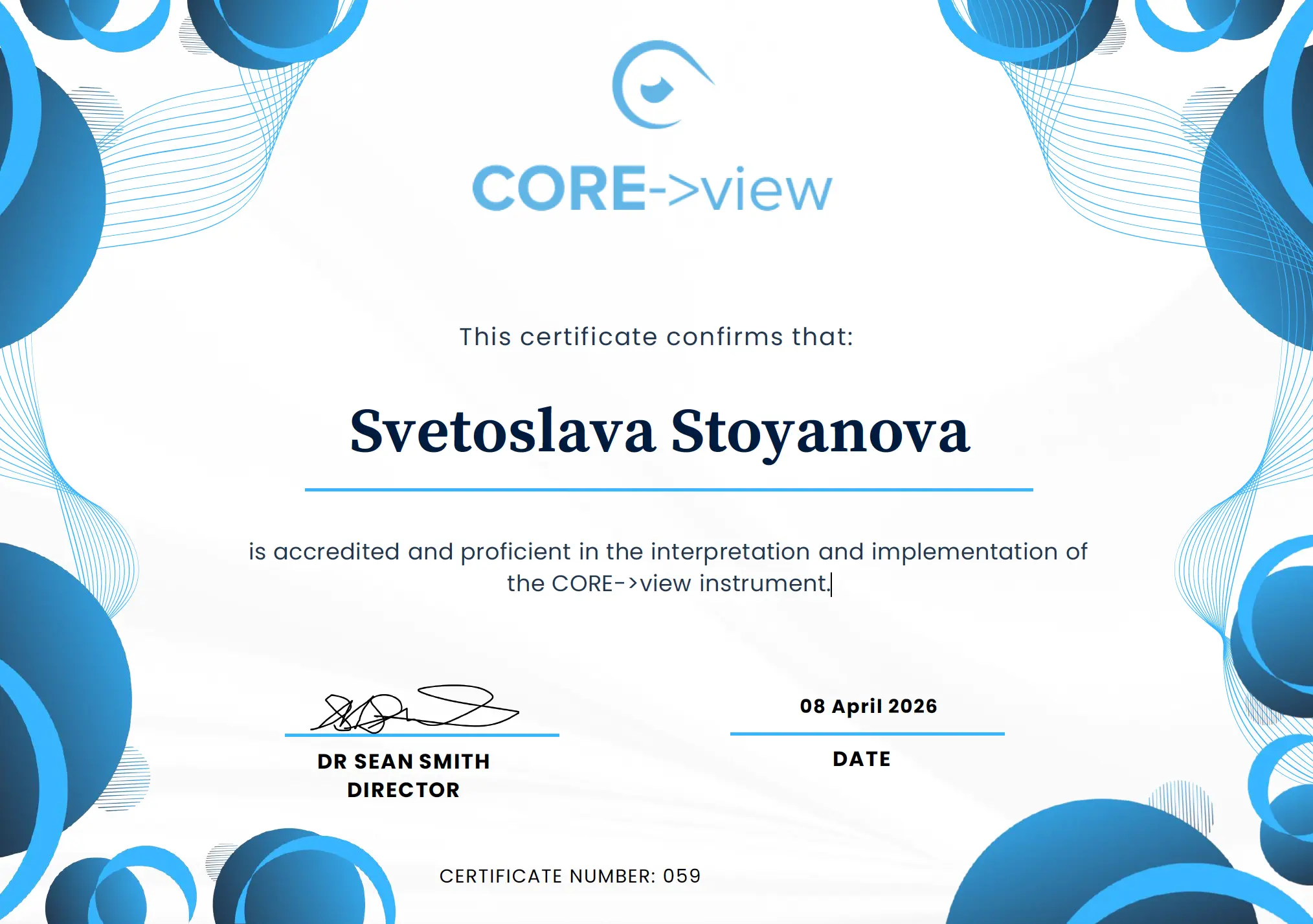 Svetoslava Stoyanova_certificate Core-view 2026 Svetoslava Stroyanova accredited and proficient in the interpretation and implementation of the CORE->view instrument